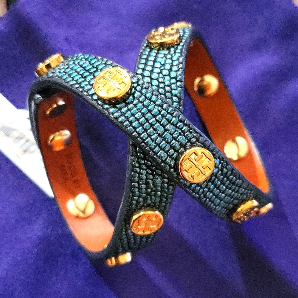 Tory Burch double wrap gold studs bracelet in Deep sea (blue/green) Authentic